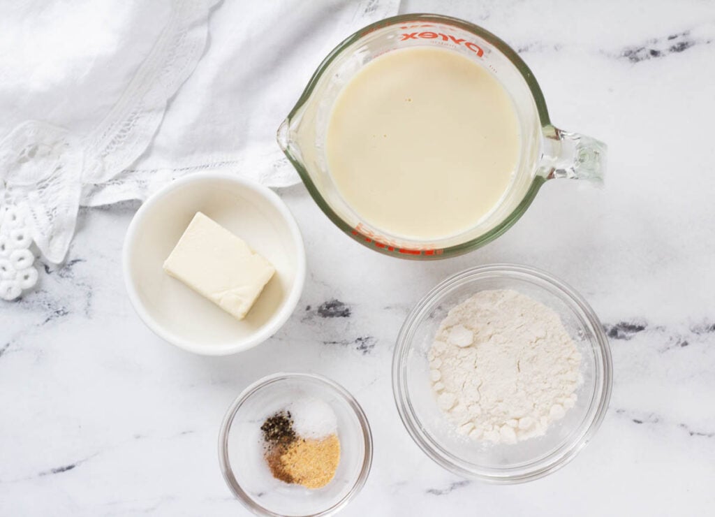 soy milk, vegan butter, flour, and spices