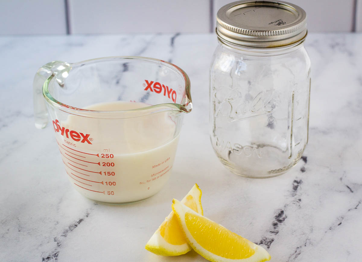 plant milk, lemon slices, and mason jar on marble counter top