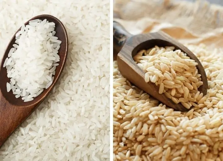 two photos white rice in a wood spoon on the left, and and brown rice  on a wooden spoon on the right
