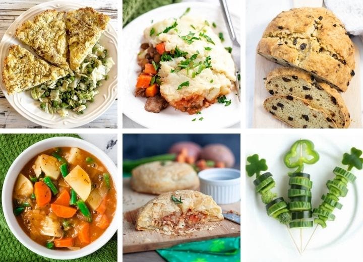 vegan Irish recipes collage: potato pie, shepherd's pie, soda bread, Irish stew, pastry, shamrock veggie skewer