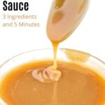 vegan caramel sauce dripping off of spoon