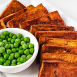 vegan corned beef and peas on serving dish