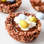 birds nest cookies with chocolate rice cereal nest, gilled with chocolate ganache and topped with whipped cream and candy eggs
