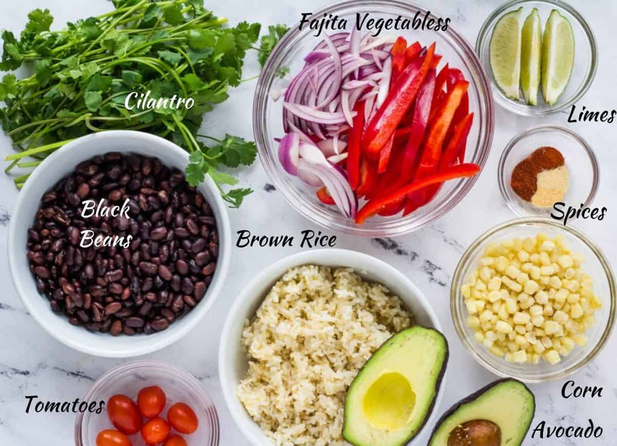 Vegan ingredients for a copycat chipotle burrito bowl. 