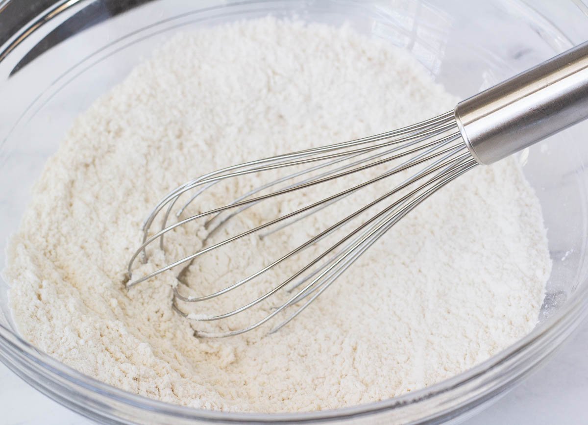 Flour whisked together in glass bowl.