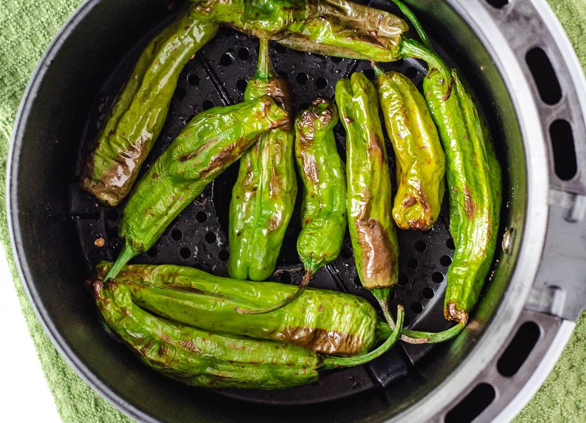Roasted shishito peppers in air fryer.
