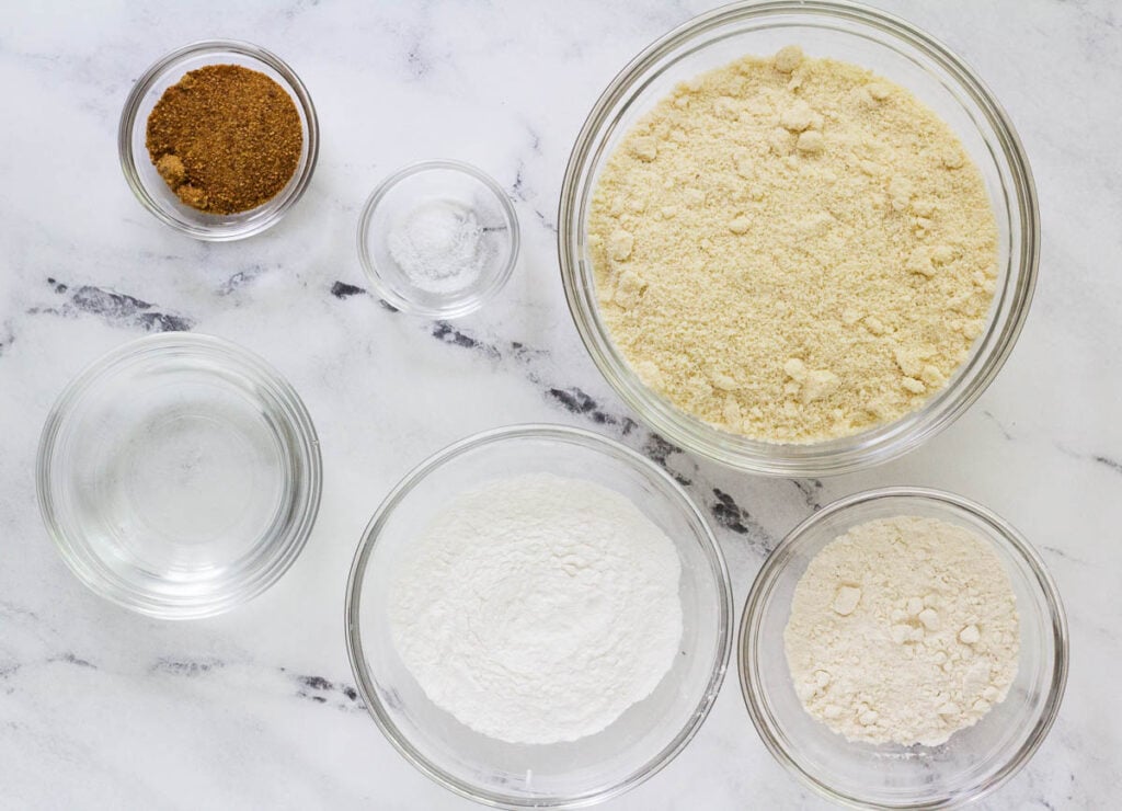almond flour, oat flour, tapioca flour, water, salt, and coconut sugar