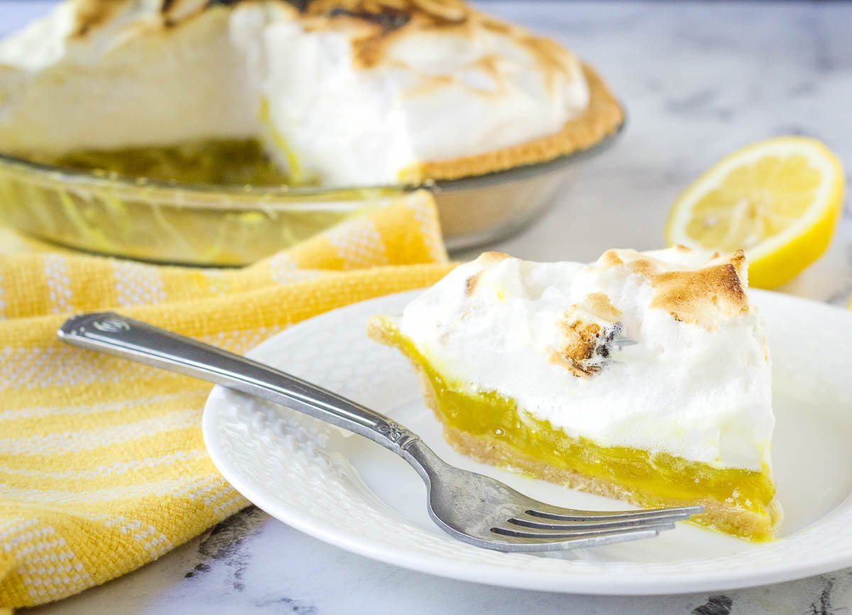 Slice of vegan lemon meringue pie. 