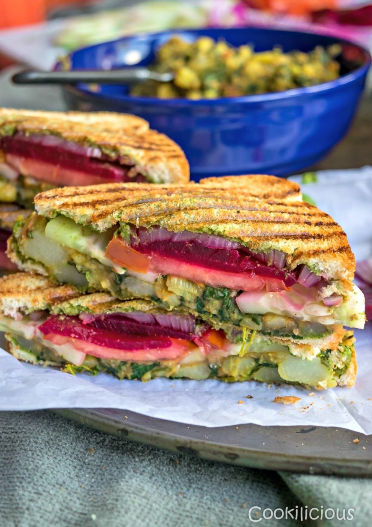 layered beet and grilled veggie sandwich