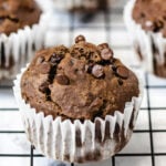 Double Chocolate vegan muffin on cooling rack.