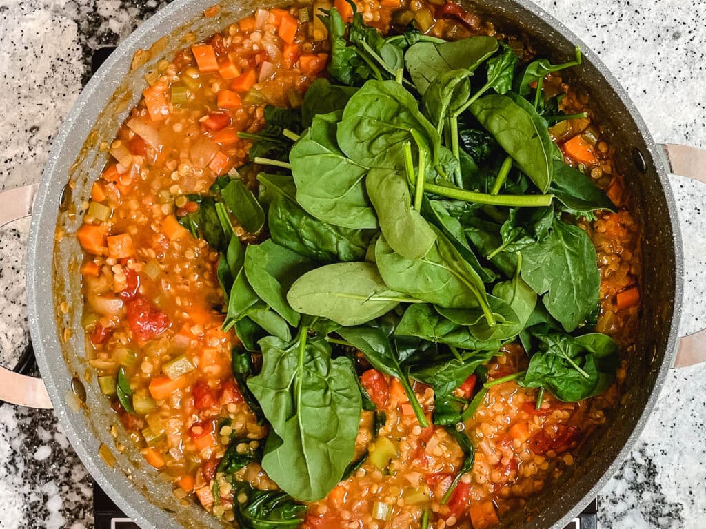 Red lentil soup in pot topped with leaf spinach.