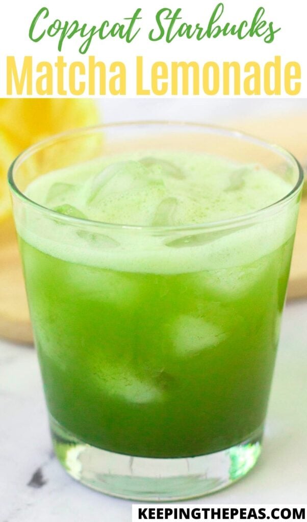 Matcha lemonade in glass filled with ice.