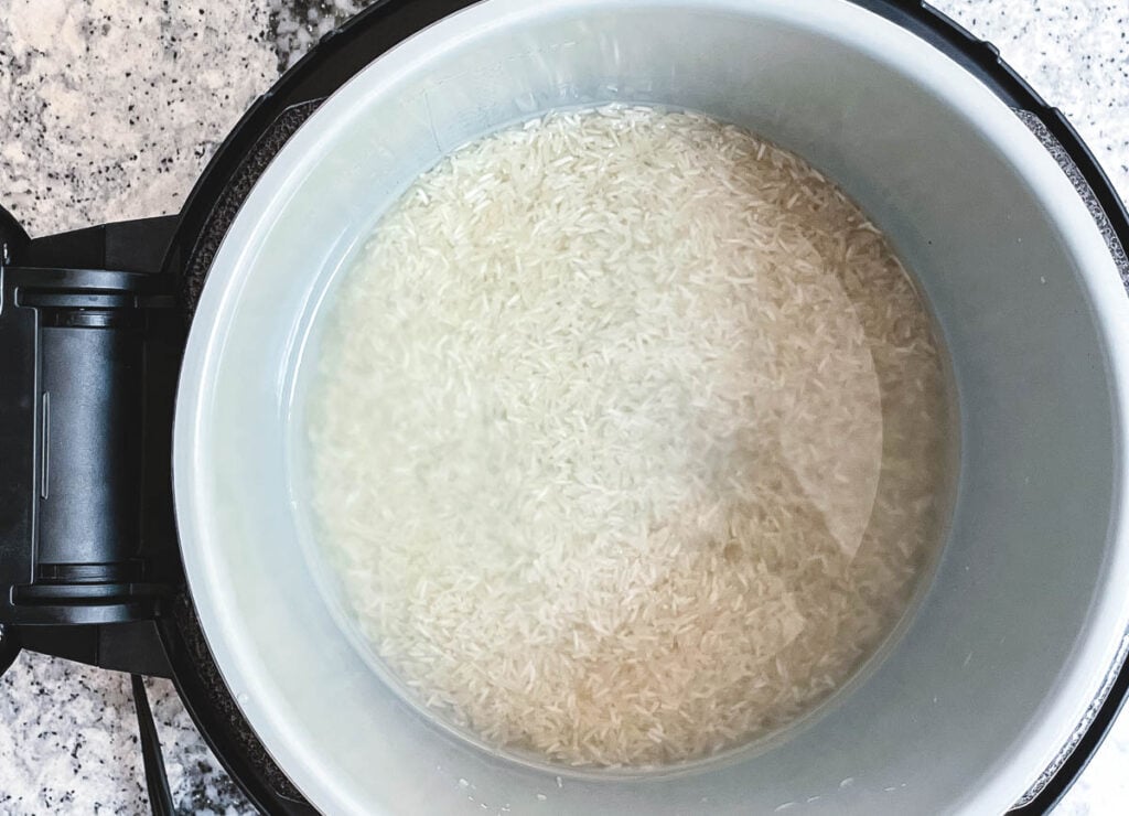 Rice and water in Ninja Foodi bowl.