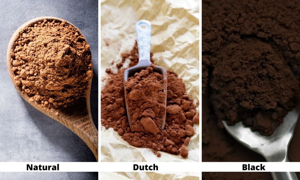 Three different types of cocoa powder, natural, dutch, and black. 
