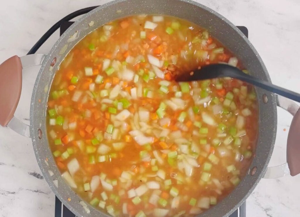 Adding water and broth to soup pot.