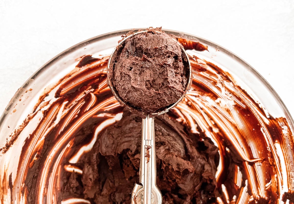 Chocolate ganache in tablespoon scoop. 