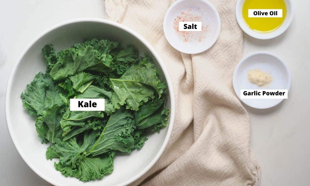 Kale leaves in bowl, salt, garlic powder, and olive oil in small bowls. 