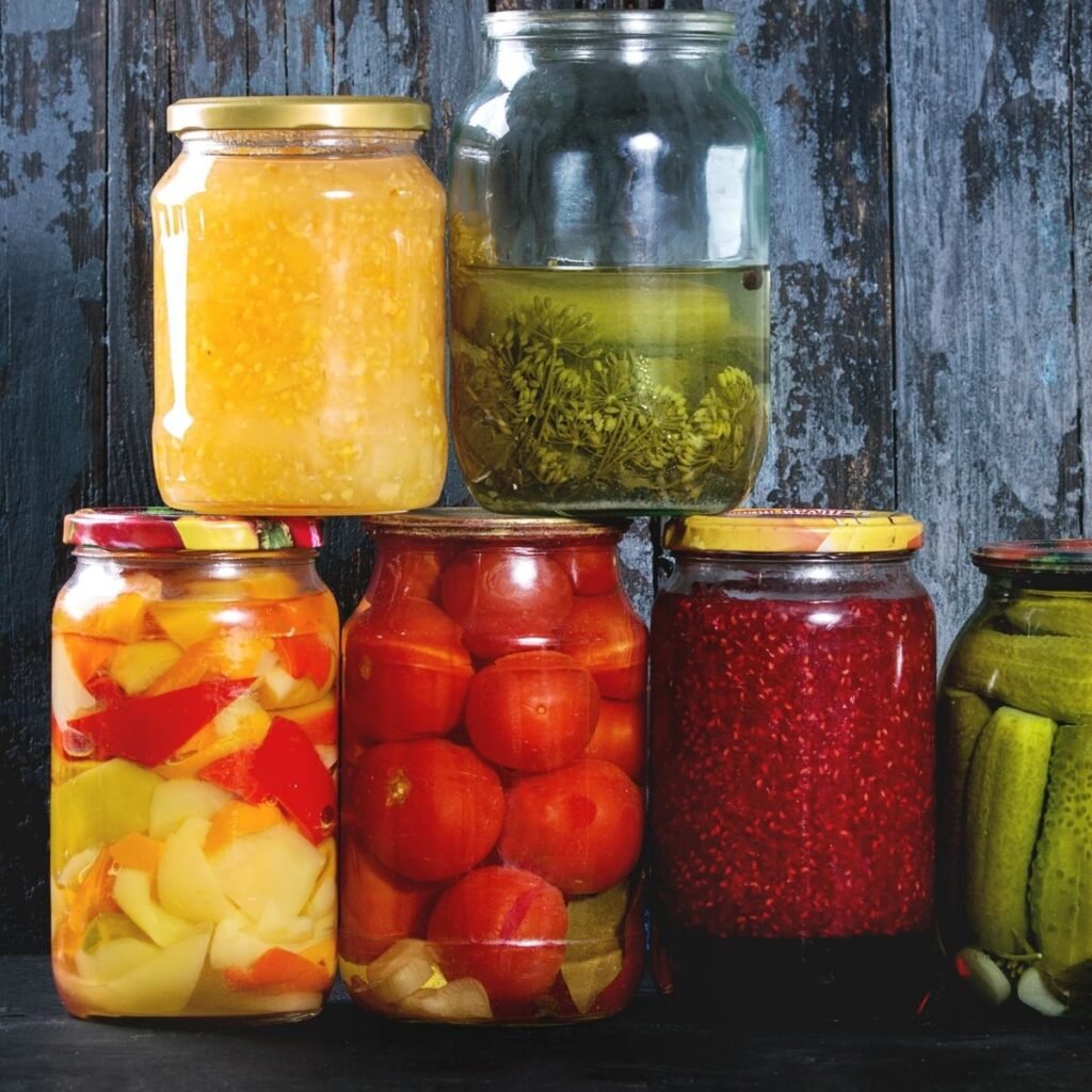 Pickled vegetables in jars. 