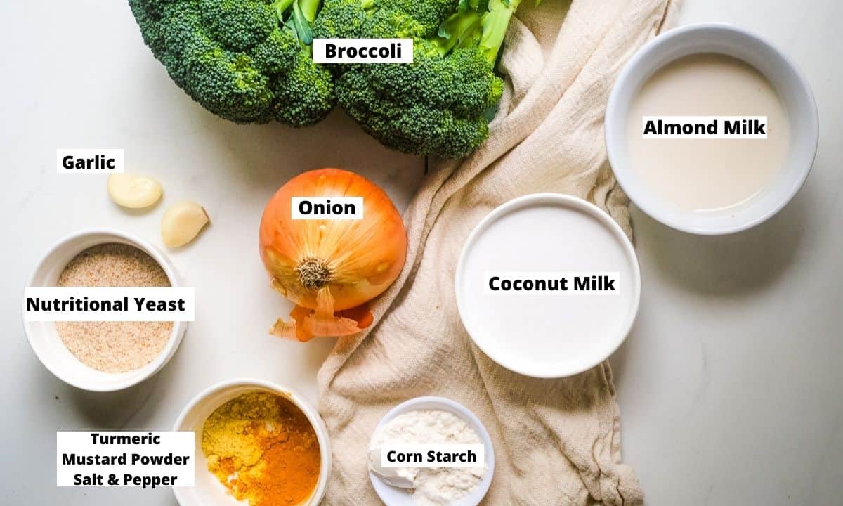 Vegan Broccoli Cheddar Soup Ingredients: broccoli florets, almond milk, coconut milk, corn starch, spices, onion, nutritional yeast, garlic. 