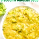 Vegan Broccoli and Cheddar soup in white bowl.