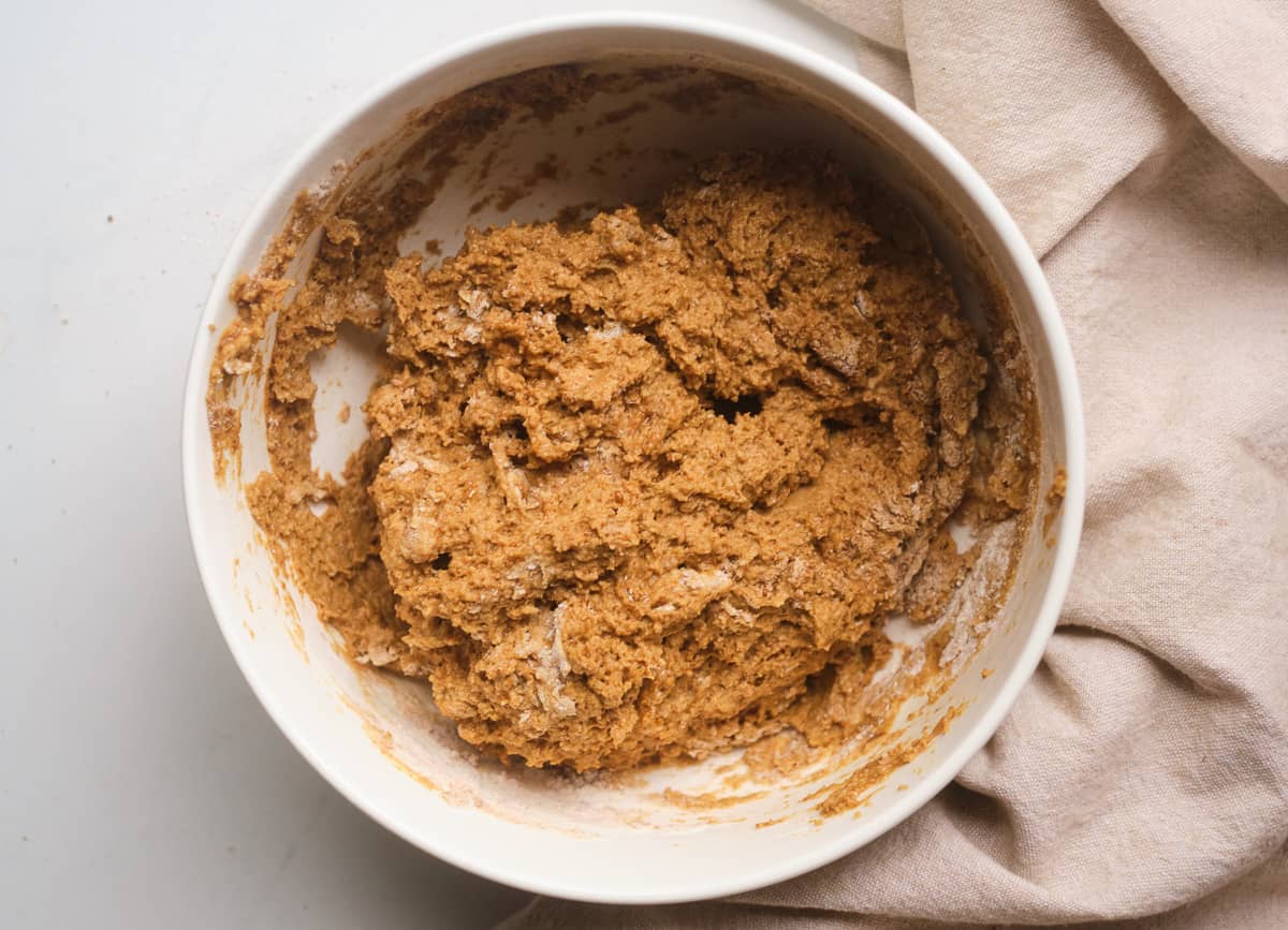 Gingerbread loaf batter in a mixing bowl.