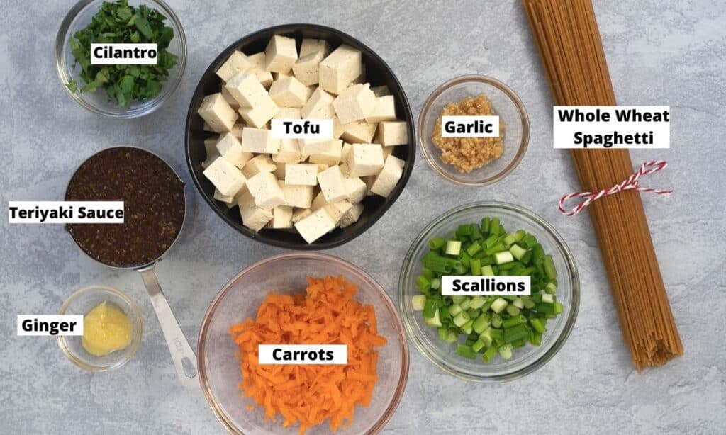 Cilantro, tofu, garlic, whole wheat spaghetti, scallions, carrots, ginger, teriyaki sauce. 