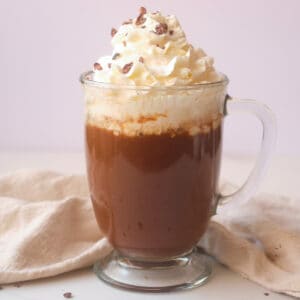 Mocha latte topped with whipped cream and chocolate shavings.