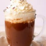 Mocha Latte topped with whipped cream and chocolate shavings.