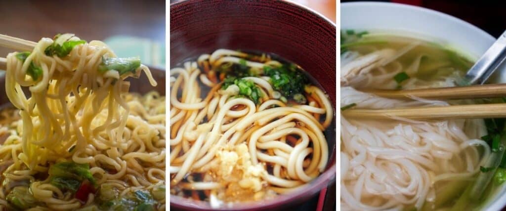 Ramen, udon, and rice noodles.