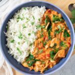 Curried jackfruit served in a bowl with basmati rice.