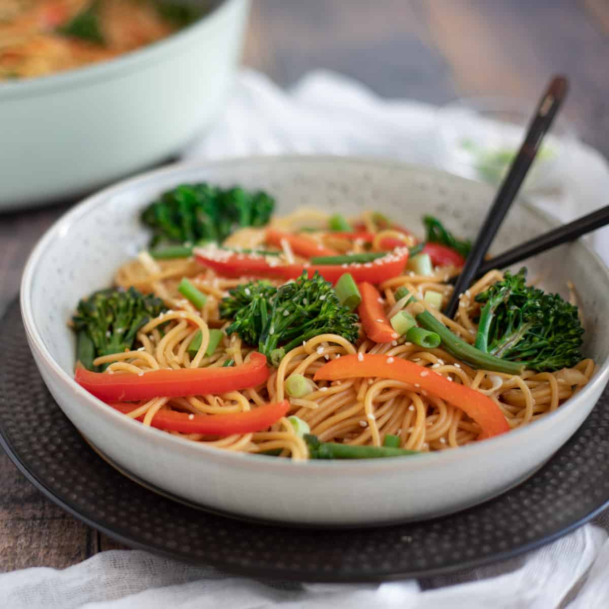 Vegan chow mein noodles in a wide bowl with chop sticks, and topped with vegetables.