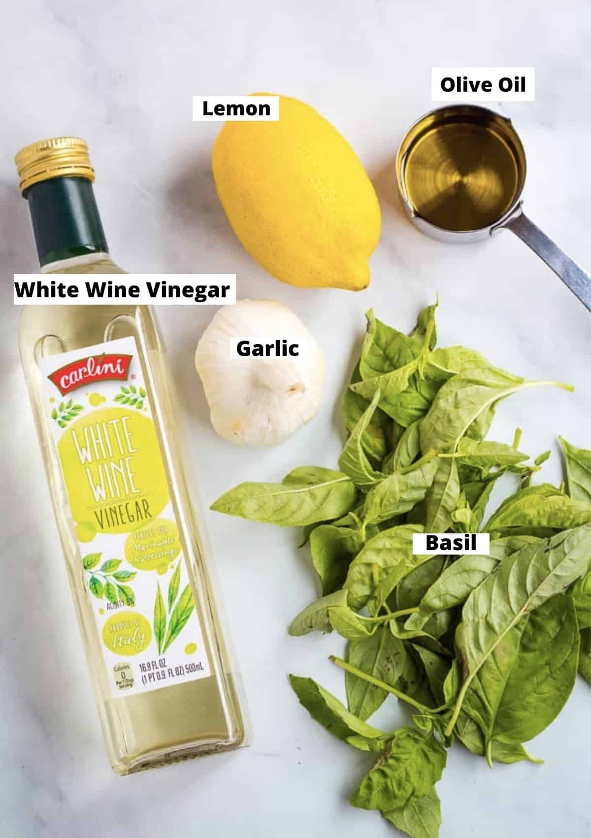 Basil Sauce Ingredients: Olive oil, basil, garlic, lemon, white wine vinegar. 
