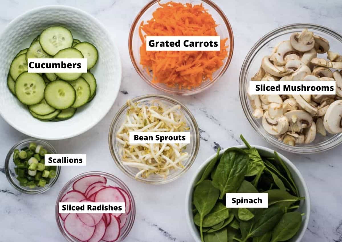 Vegan bibimbap vegetables-sliced cucumber, grated carrots, sliced mushrooms, leaf spinach, bean sprouts, sliced radishes, scallions. 