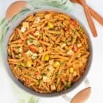 Vegan cajun pasta in pot.