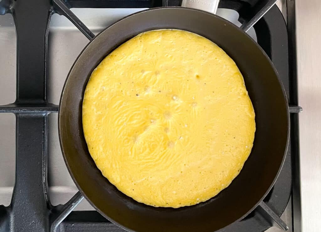 Just Eggs cooking in 8 inch skillet. 