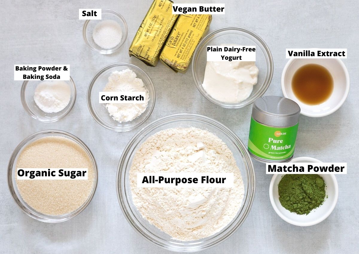 Matcha Cookie ingredients: all-purpose flour, matcha powder, vanilla extract, yogurt, butter, salt, corn starch, baking powder, baking soda, sugar.