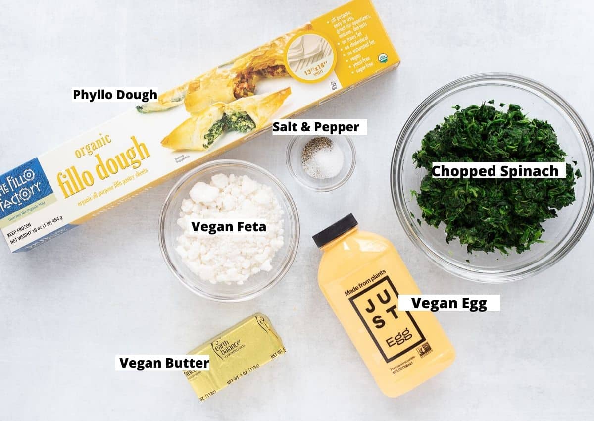 Vegan Spanakopita Ingredients: Phyllo dough, salt and pepper, chopped spinach, vegan egg, vegan feta, vegan butter. 