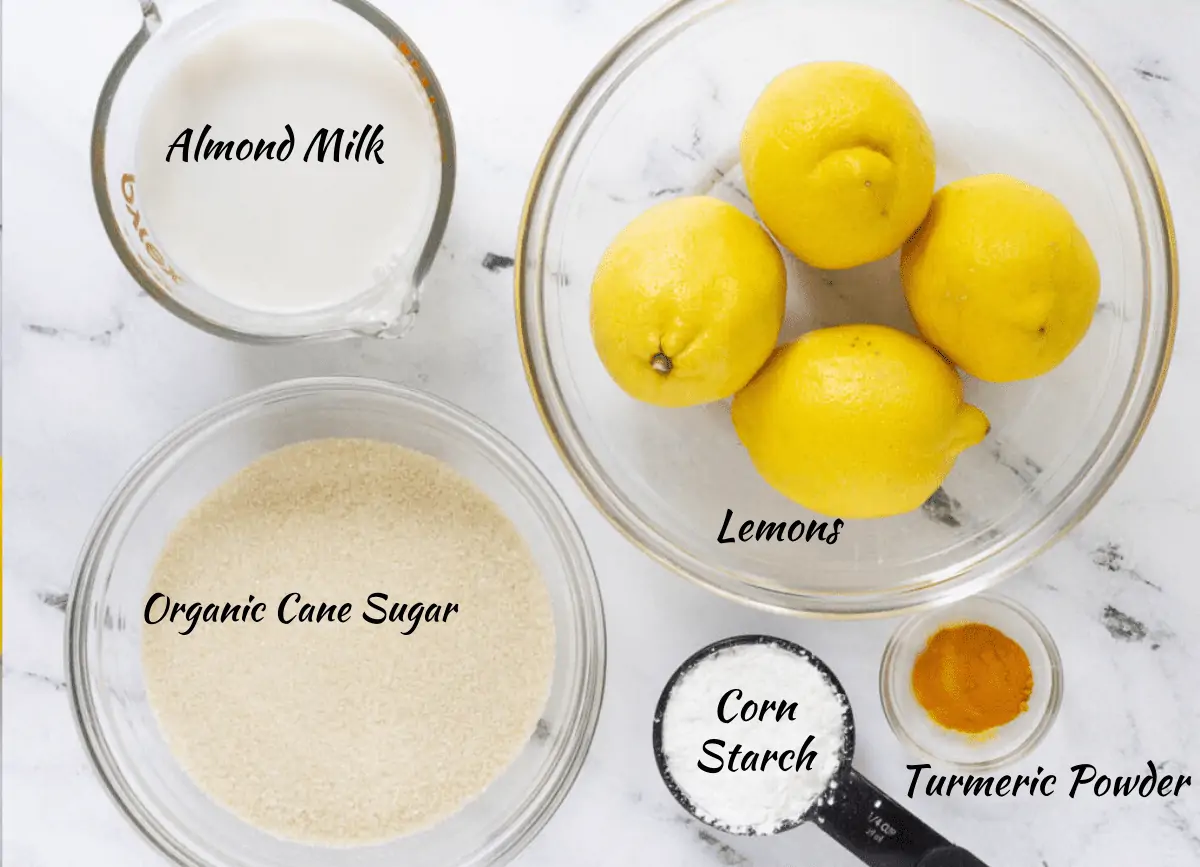 Almond milk, lemons, organic cane sugar, corn starch and turmeric powder. 