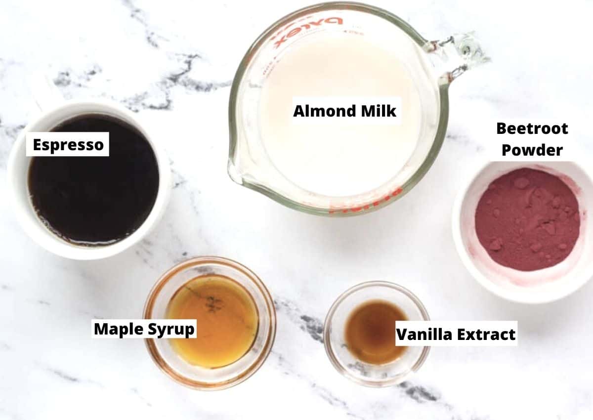 Beetroot latte ingredients: almond milk, beetroot powder, vanilla extract, maple syrup, espresso.