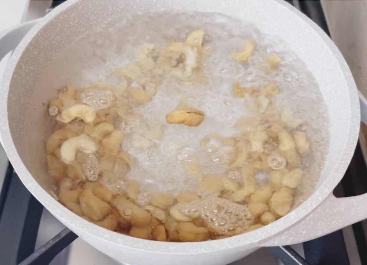 Cashews in boiling water. 
