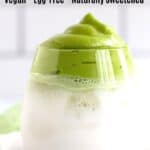 Dalgona matcha latte in stemless wine glass.