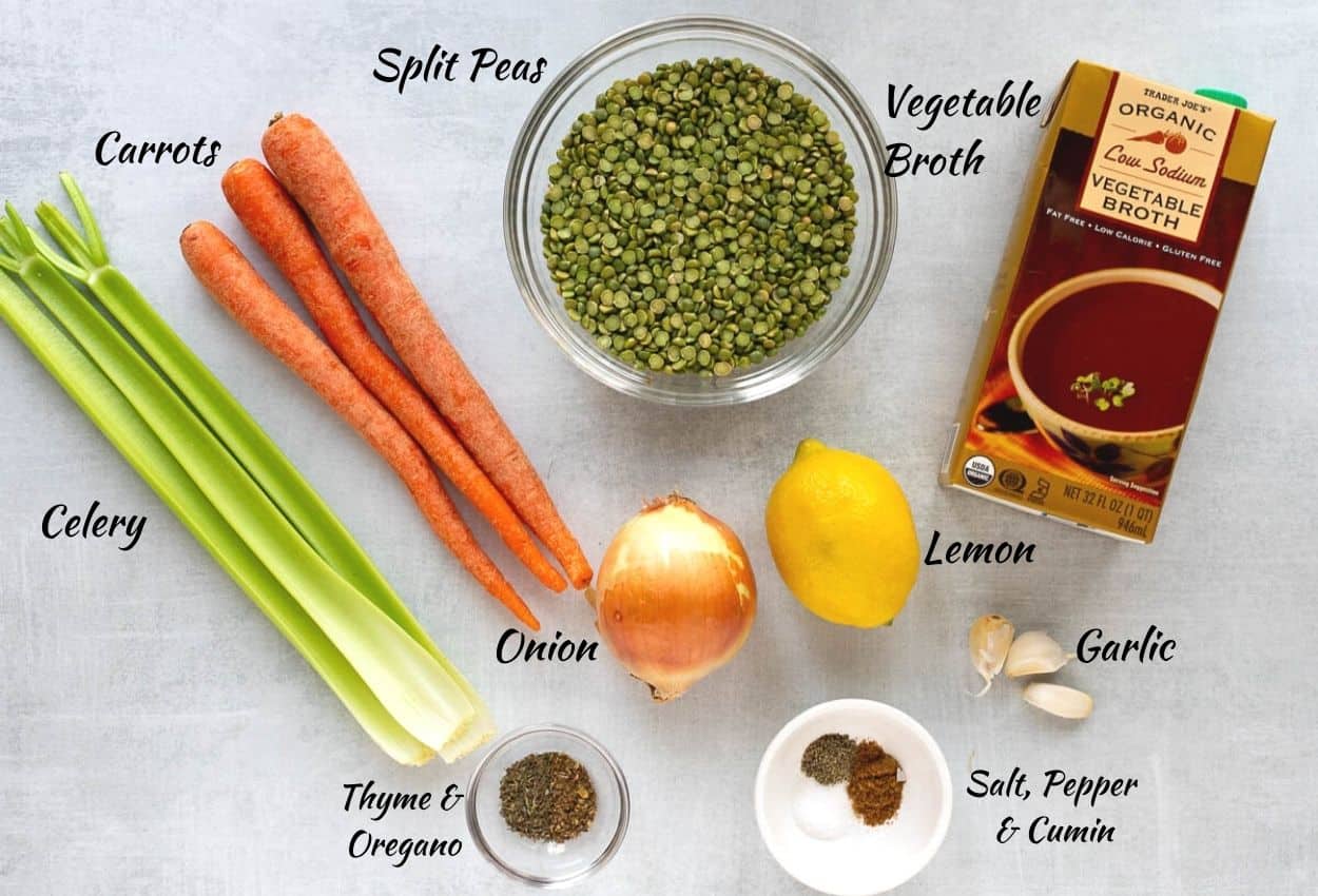 Split Pea Vegan Soup Ingredients: celery stalks, carrots, split peas, vegetable broth, garlic, lemon, onion, and spices. 