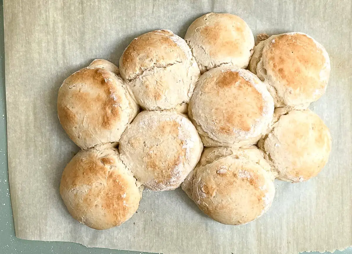 Baked scones on baking sheet. 