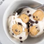 Overhead of cookie dough nice ream in bowl.