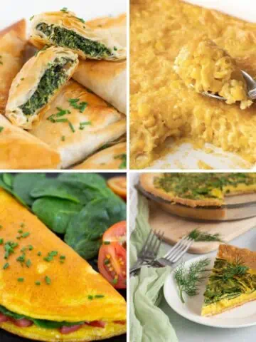 Just Egg Recipes Collage: spanakopita, corn pudding, omelette, and quiche.
