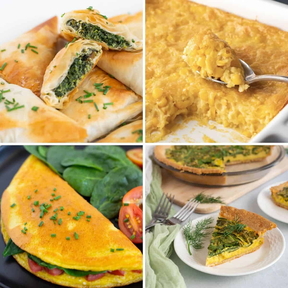 Just Egg Recipes Collage: vegan spanakopita, corn pudding, omelette, quiche. 