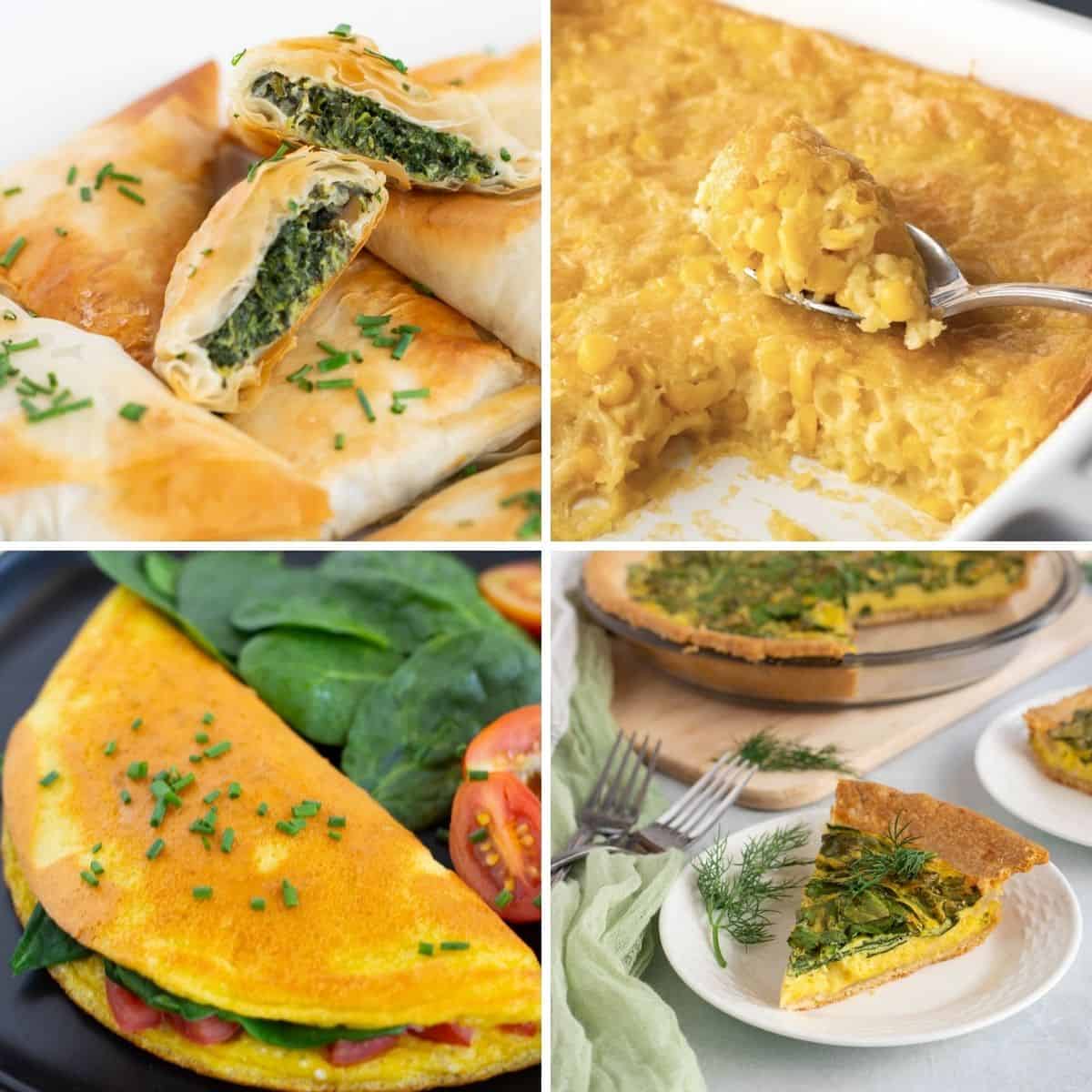 Just Egg Recipes Collage: vegan spanakopita, corn pudding, omelette, quiche.