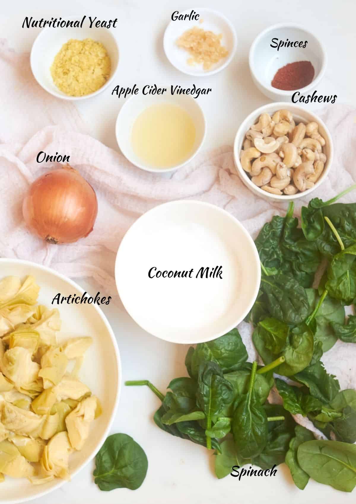 Nutritional yeast, garlic, spices, cashews, apple cider vinegar, onion, coconut milk, spinach, artichokes.