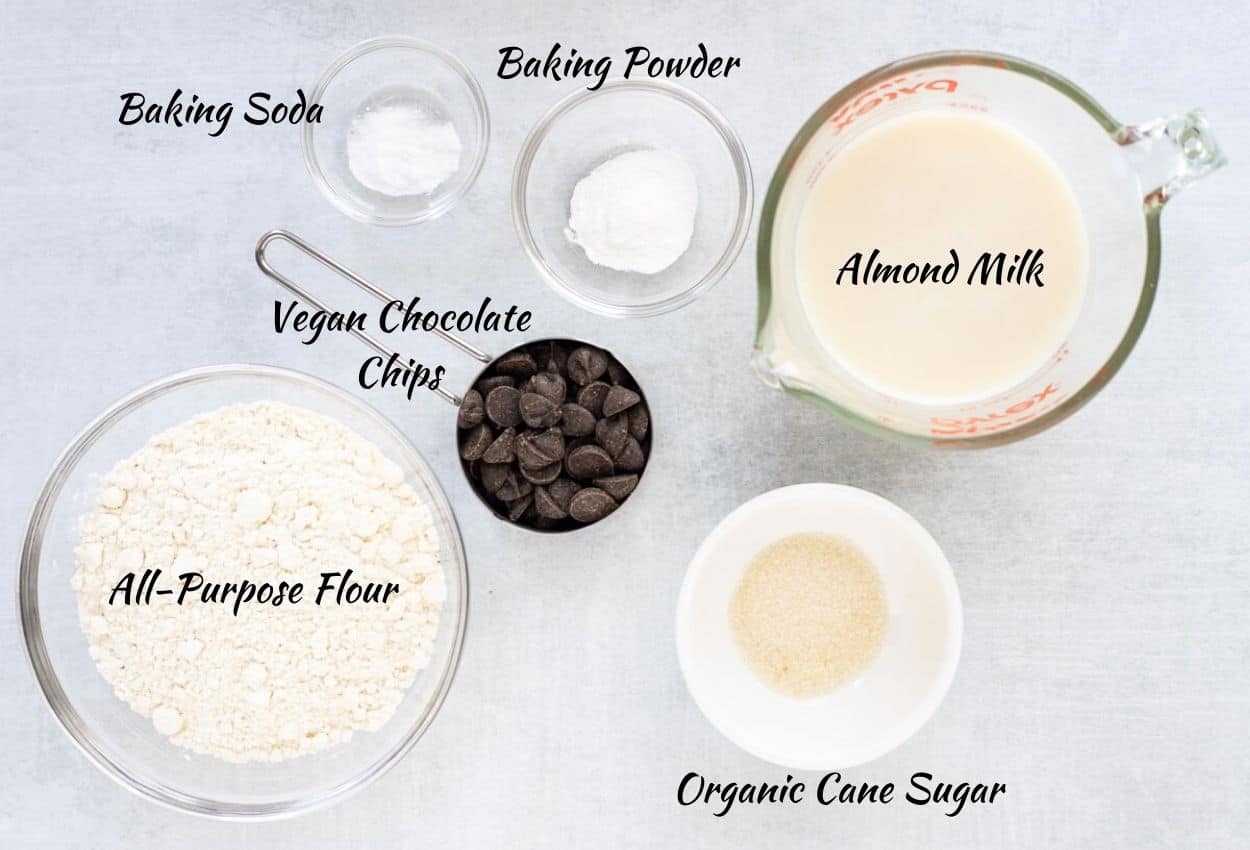 Vegan Chocolate Chip Pancakes Ingredients: baking soda, baking powder, almond milk, cane sugar, all-purpose flour, chocolate chips. 
