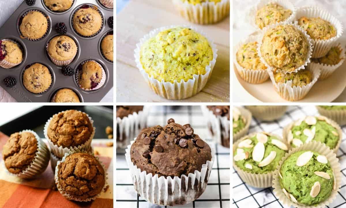 Vegan Muffins Collage: blackberry, cornbread, zucchini, pumpkin, chocolate, and matcha. 